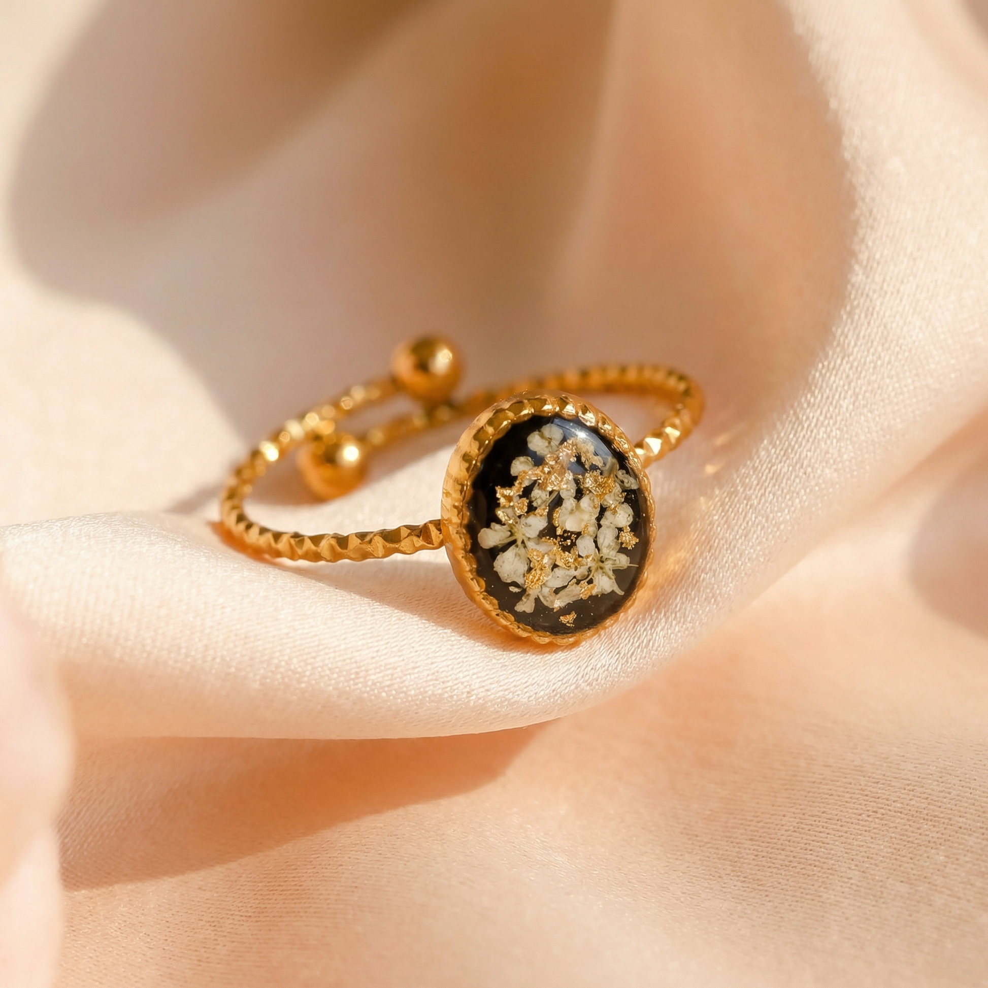 The Black Lyla Ring - White Flower Black Background Oval Ring Gold | Elegant Womens Jewelry