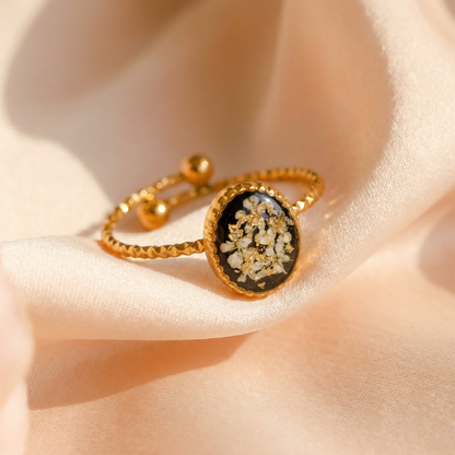 The Black Lyla Ring - White Flower Black Background Oval Ring Gold | Elegant Womens Jewelry