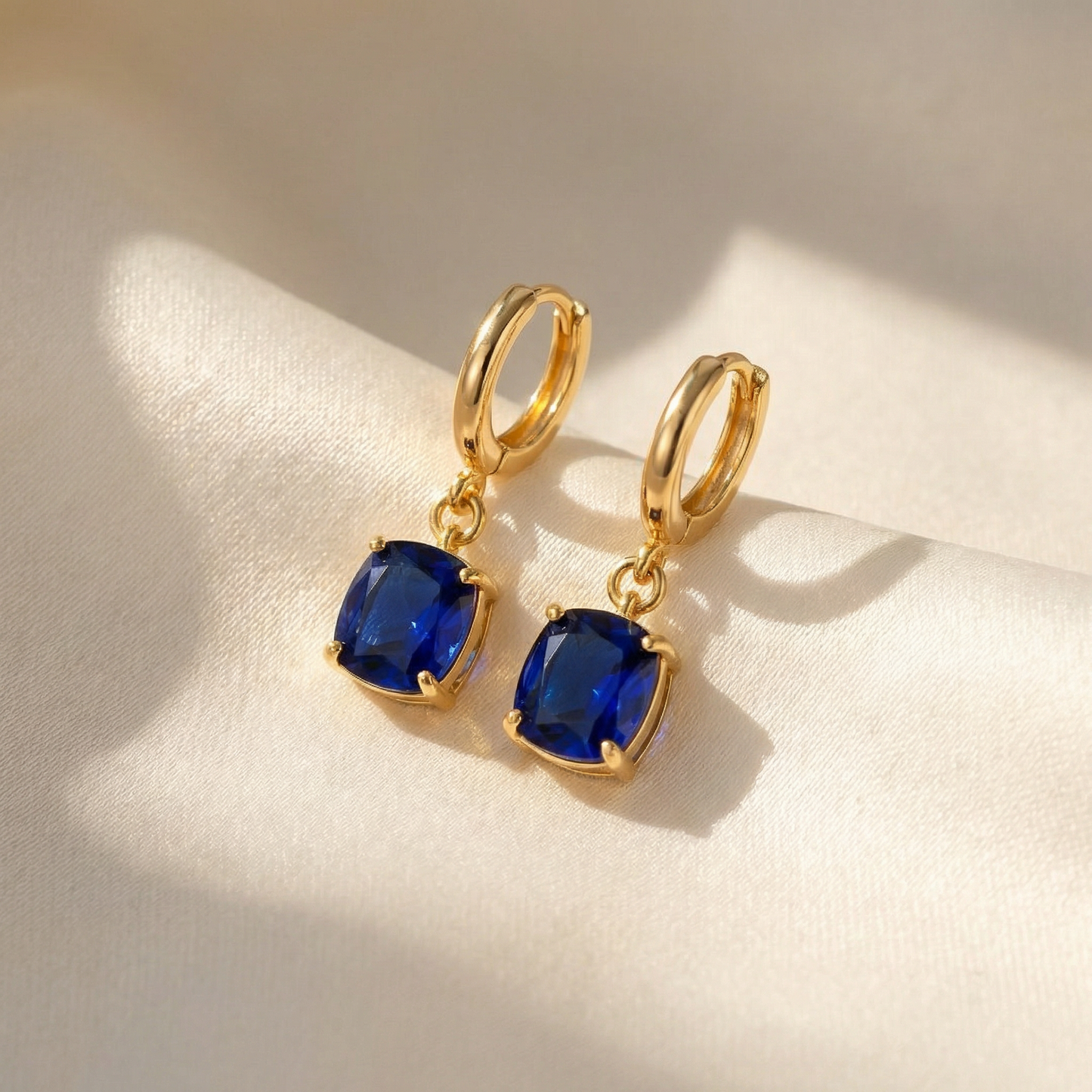 Aymie Earrings - Blue Sapphire Dangle Earrings Gold Huggie Hoops | Elegant Women's Jewelry