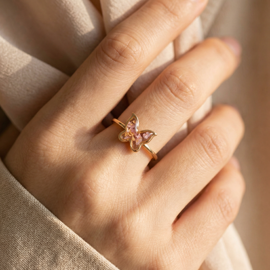 The Pink Evelynn Ring - Pink Flower Gold Ring Close-up | Premium Preserved Flower Jewelry