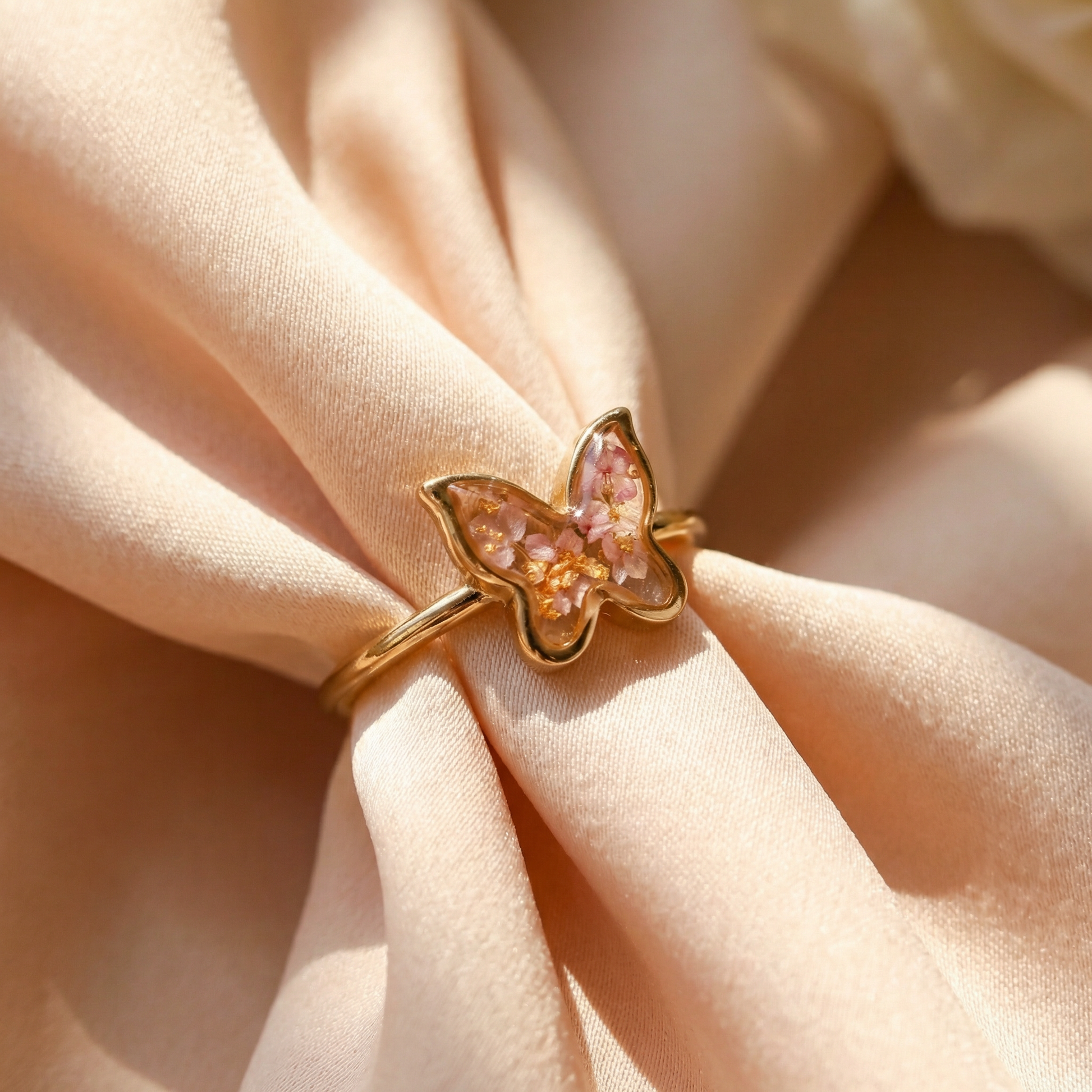The Pink Evelynn Ring - Pink Preserved Flower Butterfly Ring Gold | Elegant Womens Jewelry