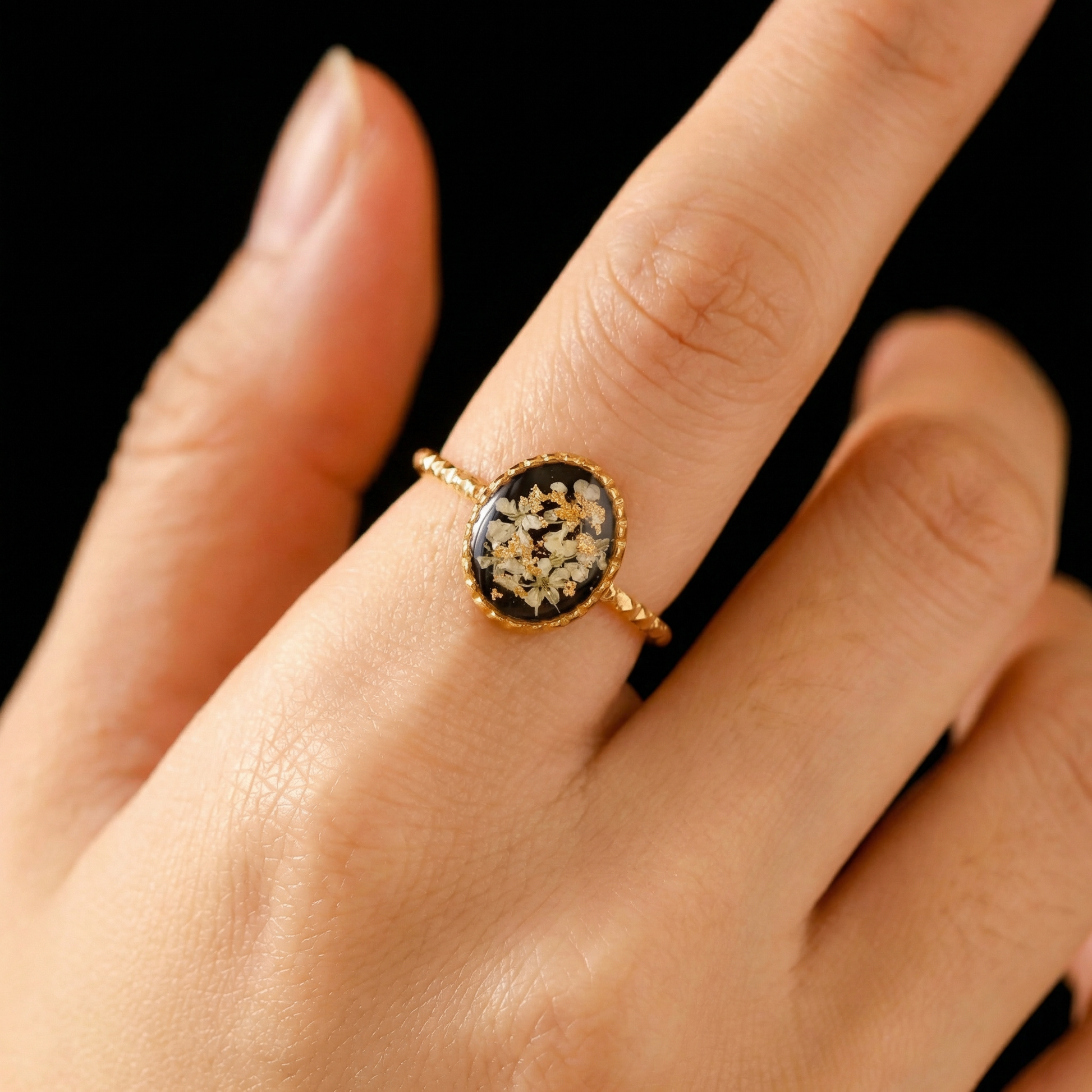 The Black Lyla Ring - Black Preserved Flower Gold Ring Close-up | Premium Preserved Flower Jewelry
