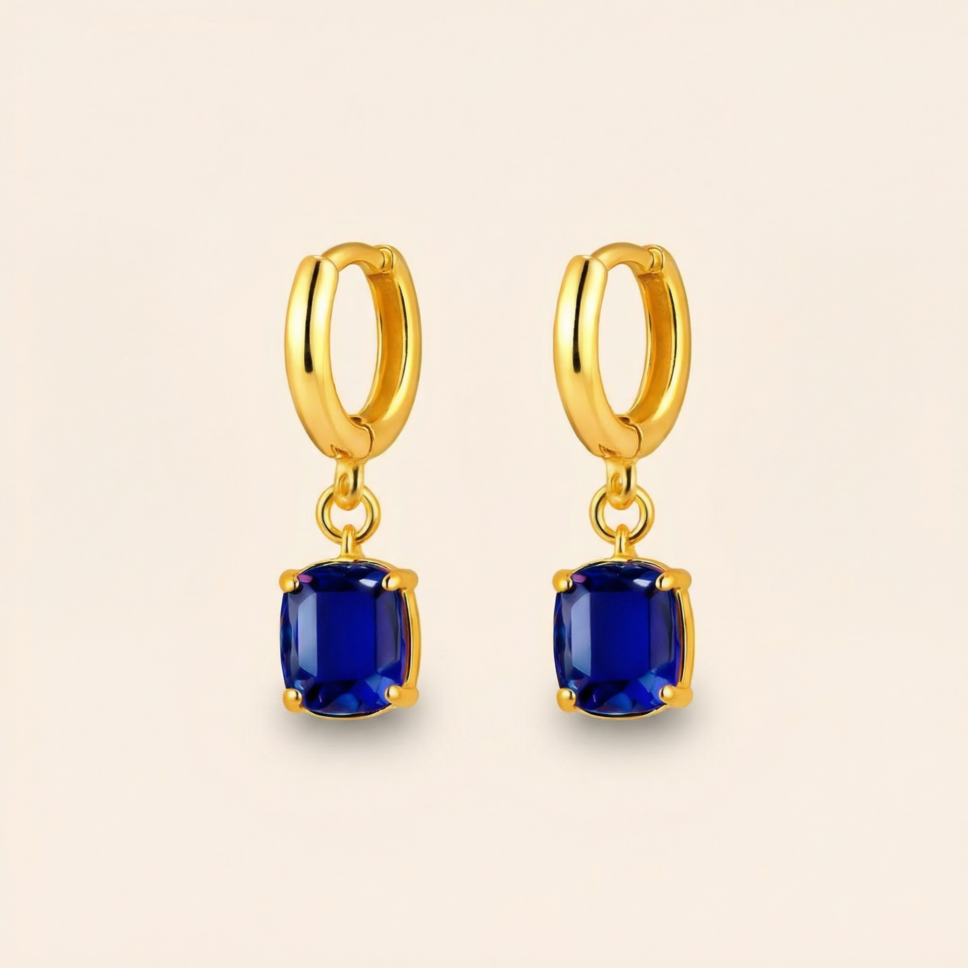 Aymie Earrings - Gold Huggie Hoop Earrings with Blue Gemstone Dangle | 18k Gold Plated Brass Jewelry