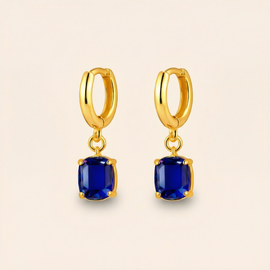Aymie Earrings - Gold Huggie Hoop Earrings with Blue Gemstone Dangle | 18k Gold Plated Brass Jewelry