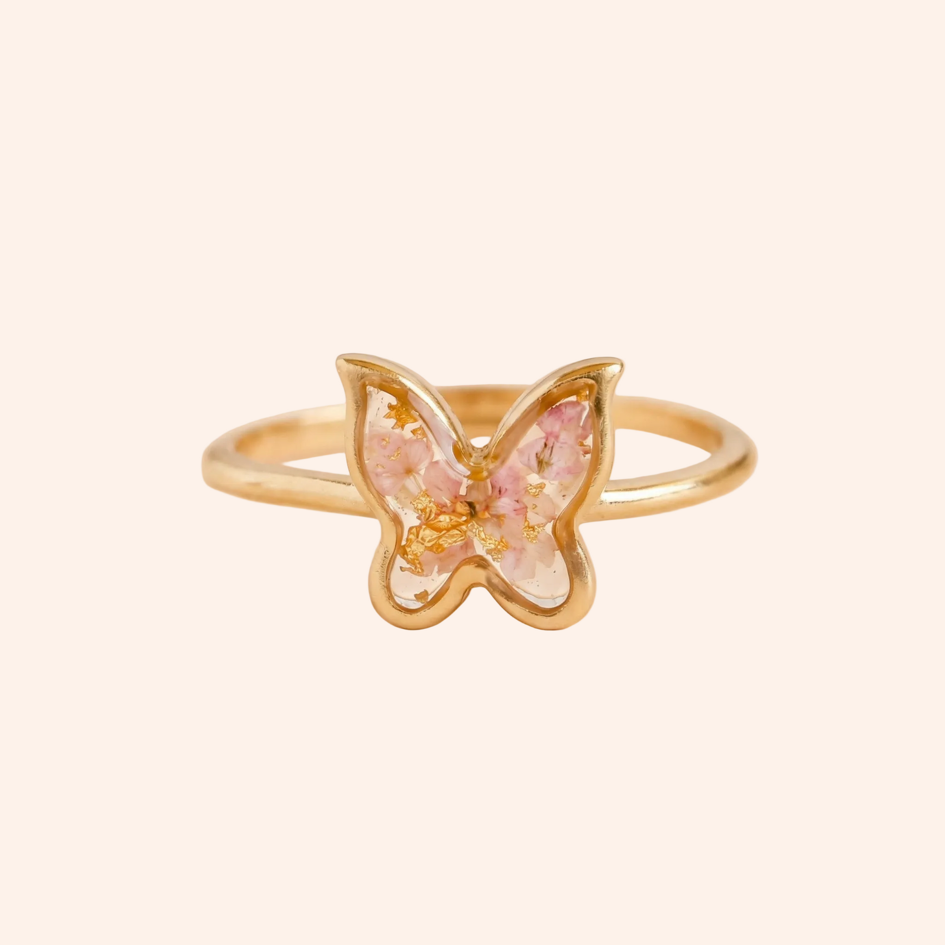 The Pink Evelynn Ring - Gold Butterfly Ring with Preserved Pink Flowers | 18k Gold Plated Brass Jewelry